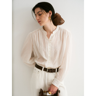衬衫 TOP家 复古塔克褶贝壳扣酵洗精棉小立领泡泡袖 法式 优雅松弛