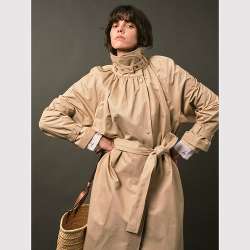 TOP家 智性氛围 法式复古高级 捏褶立领插肩袖廓形长款风衣外套