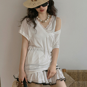 法式 TOP家 绝美叠穿层次 复古甜欲蕾丝花边V领背心假两件宽松t恤