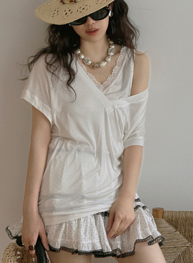TOP家 绝美叠穿层次 法式复古甜欲蕾丝花边V领背心假两件宽松t恤