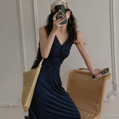 错落有致 法式 复古零压空气感莫代尔无袖 TOP家 V领扭结长款 连衣裙