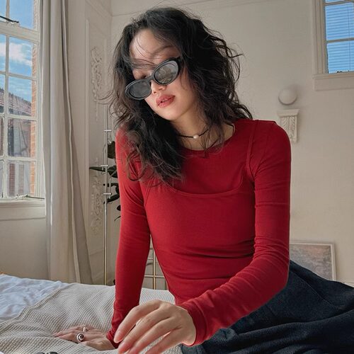 TOP家时髦态度 法式复古芭蕾风吊带叠穿圆领长袖羊毛打底衫两件套