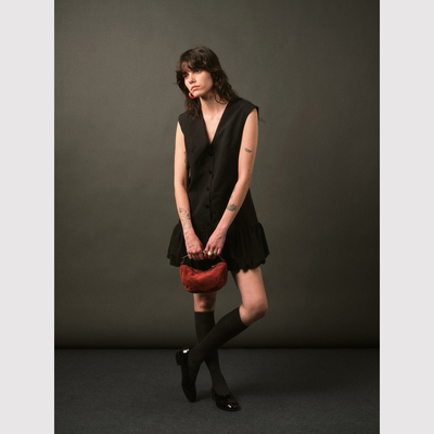 TOP家 时髦格调 法式复古高智感 花苞裙摆拼接气质叠搭无袖连衣裙