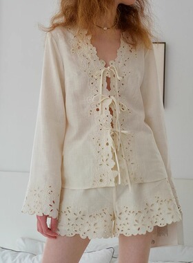 TOP家 自然织物 南法复古镂空绣花V领天丝亚麻长袖上衣/抽绳短裤
