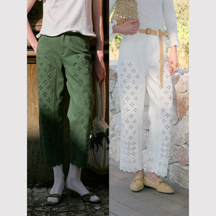 TOP家 春日花园 法式复古精致重工 镂空刺绣自然做旧九分牛仔裤