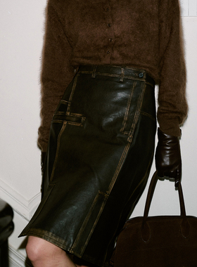 TOP家 时光叙事 法式复古做旧 vtg质感印记洗水pu皮革开叉半身裙