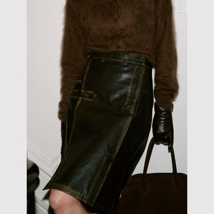 复古做旧 法式 vtg质感印记洗水pu皮革开叉半身裙 时光叙事 TOP家