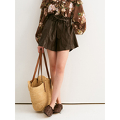 TOP家 复古时髦咖色油腊光泽环保皮a摆松紧腰裙裤 摩卡慕斯 法式