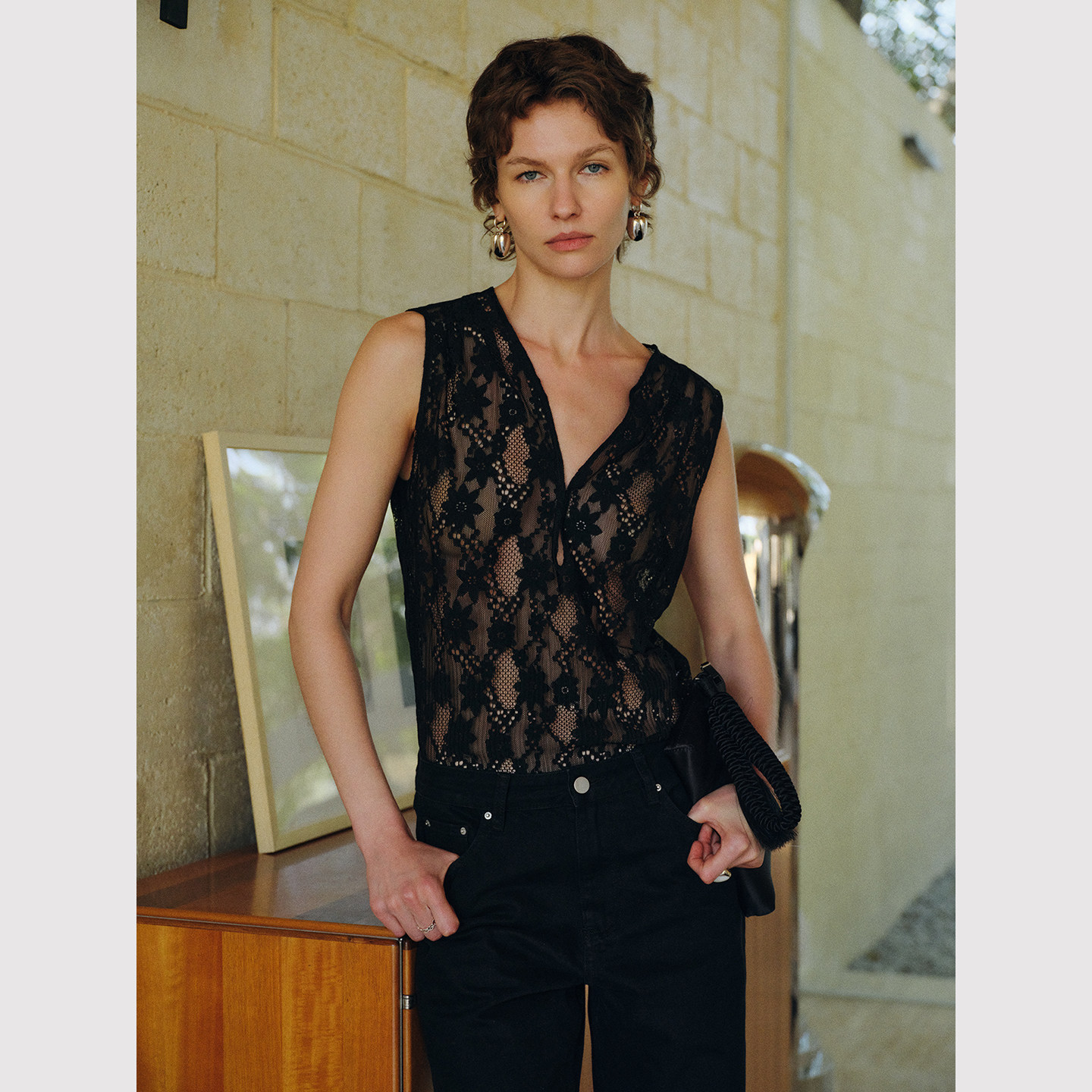 TOP家 淡雅美感 法式优雅复古深V领下摆牙签褶浅米黄车骨蕾丝背心,女装/女士精品,背心吊带,淘宝优惠券,粉丝福利购,淘宝优惠卷