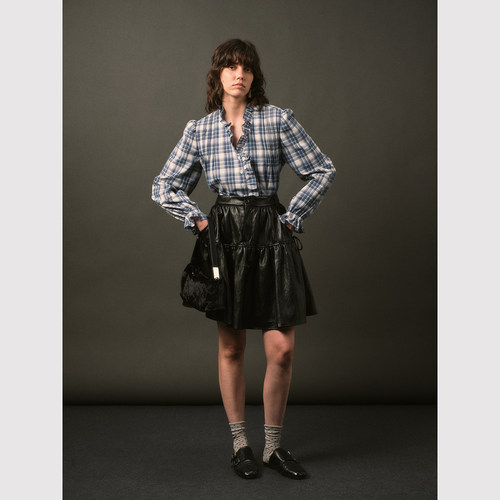 TOP家 优雅俏皮 法式时髦复古双层蛋糕裙大摆量环保pu皮半身裙