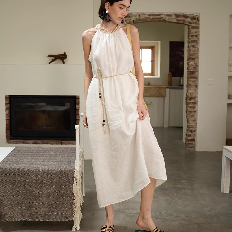 TOP家 波西米亚度假风纯亚麻白色挂脖宽松长连衣裙 附赠麻绳腰带