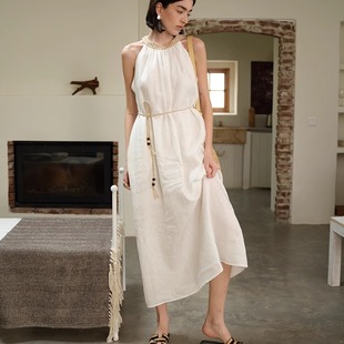 TOP家 附赠麻绳腰带 波西米亚度假风纯亚麻白色挂脖宽松长连衣裙