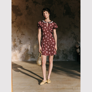 田园风 TOP家 复古新式 法式 可露丽玫瑰印花缎面连衣裙 假日甜心