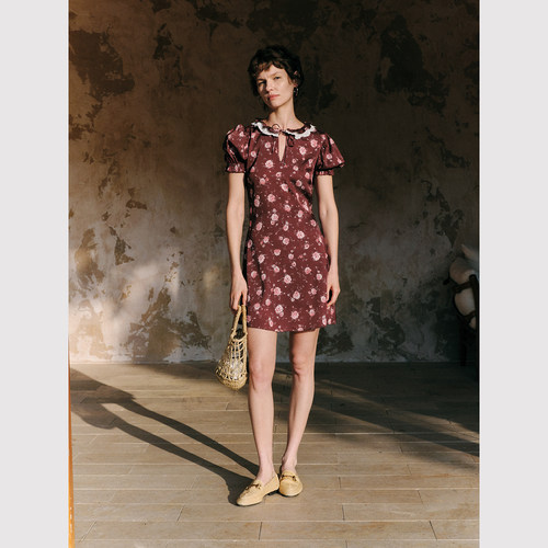 TOP家 假日甜心 法式复古新式田园风 可露丽玫瑰印花缎面连衣裙