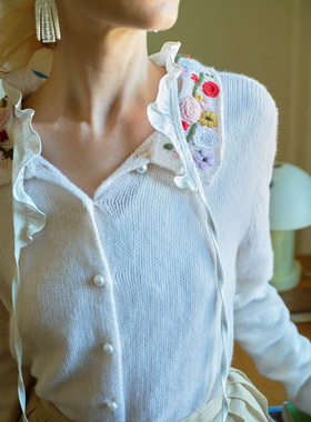 TOP家 精致复古 法式重磅手工 立体花朵刺绣小翻领领羊绒针织开衫
