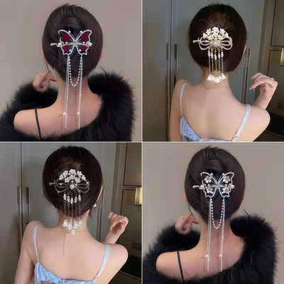 轻奢珍珠铃兰花流苏发夹女青蛙扣一字夹后脑勺盘发扭扭夹发卡头饰