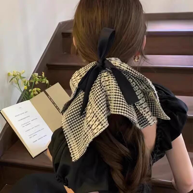 超大号蝴蝶结格纹方巾大肠发圈~图片