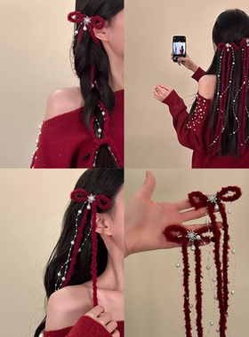 新年红色喜庆毛绒蝴蝶结发夹过年显白流苏发卡节日氛围感夹子头饰