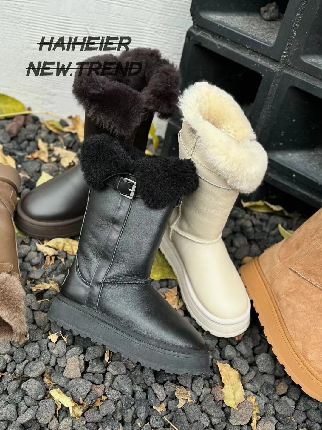 海嘿儿雪地靴冬季皮毛一体羊羔毛