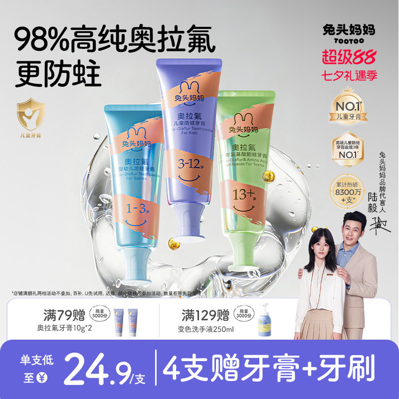 兔头妈妈儿童牙膏高纯奥拉氟儿童含氟牙膏防蛀牙龋齿1-3-6-12宝宝