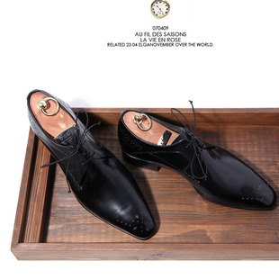 尖头黑色 高档进口韩版 商务正装 手工定制车缝线男鞋 系带真皮皮鞋