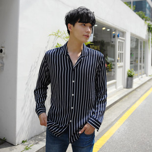 韩国衬衫 睡衣领长袖 夏季 男纯色韩版 条纹衬衣薄款 休闲商务潮男时尚
