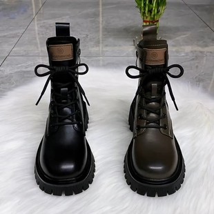 欧洲站厚底马丁靴女2024新款 秋冬百搭真皮英伦风休闲炸街短靴单靴