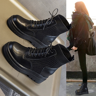 厚底马丁靴女内增高鞋袜子靴