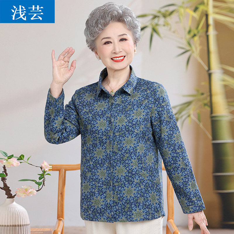 100%纯棉长袖衬衫妈妈春夏装中老年女装