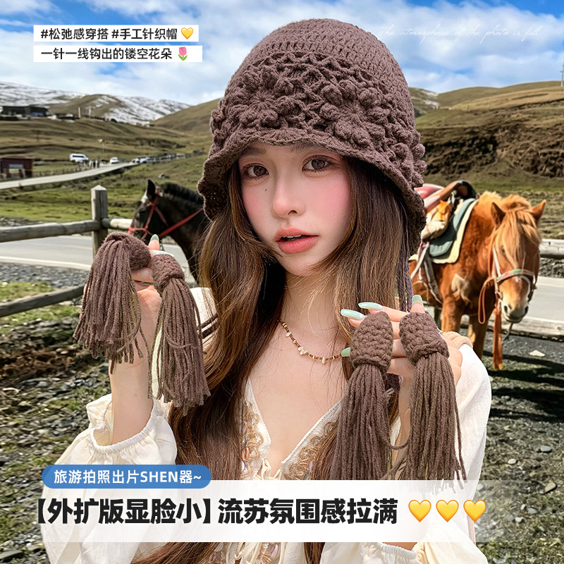 手工花朵钩花针织帽子女2026新款