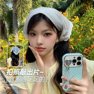 條紋蕾絲頭巾三角巾女春夏季 ins田園風(fēng)頭飾發(fā)帶海邊拍照包頭 韓版