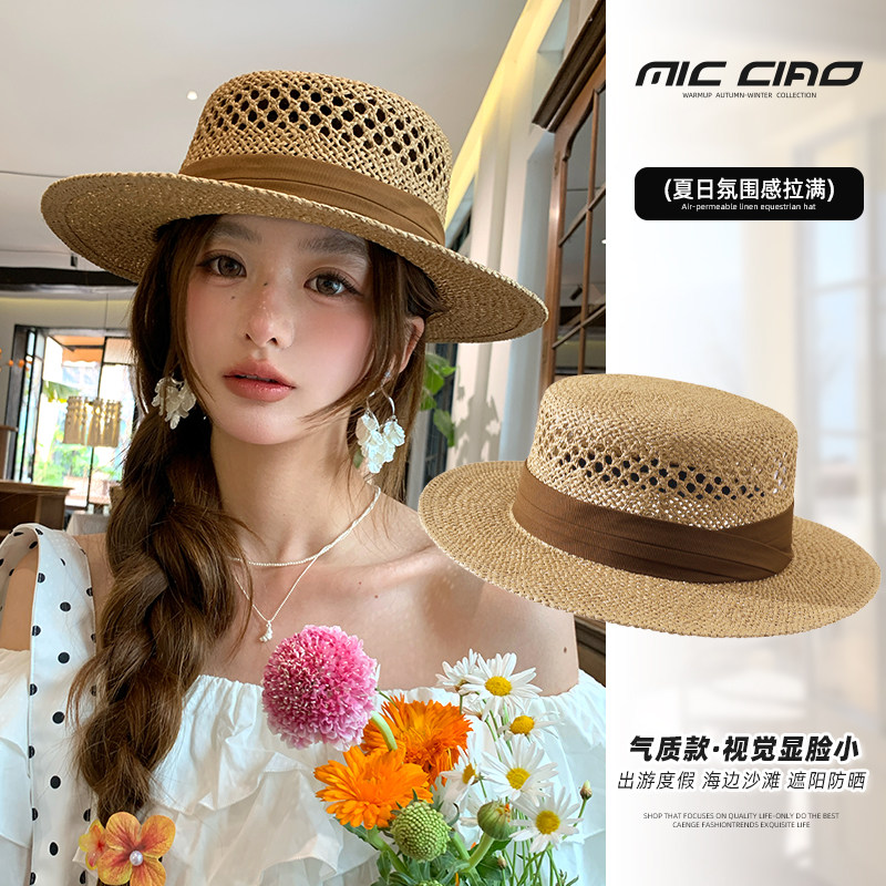 镂空草帽女夏季海边度假帽子大头围显脸小平顶礼帽遮阳防晒渔夫帽