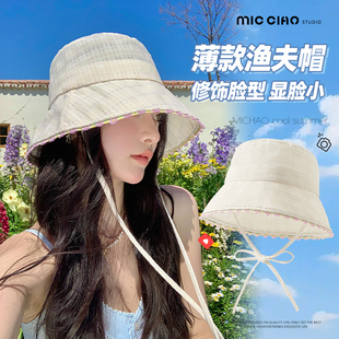 遮阳防晒盆帽户外大帽檐登山帽潮 甜美可爱花边蓝色渔夫帽女春夏季