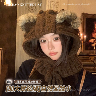 可爱猫耳朵巴拉克拉法帽女秋冬保暖护耳帽子围脖一体针织毛线帽潮