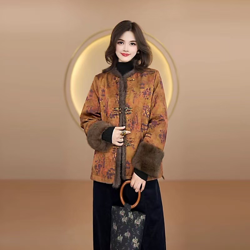 2025新款新中式国风香云纱提花拼接兔毛棉衣复古轻奢加棉外套