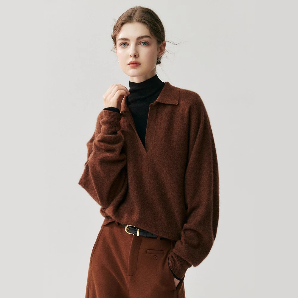 2025秋冬新款polo领套头宽松山羊绒衫女韩版气质灰色针织羊毛衫纯