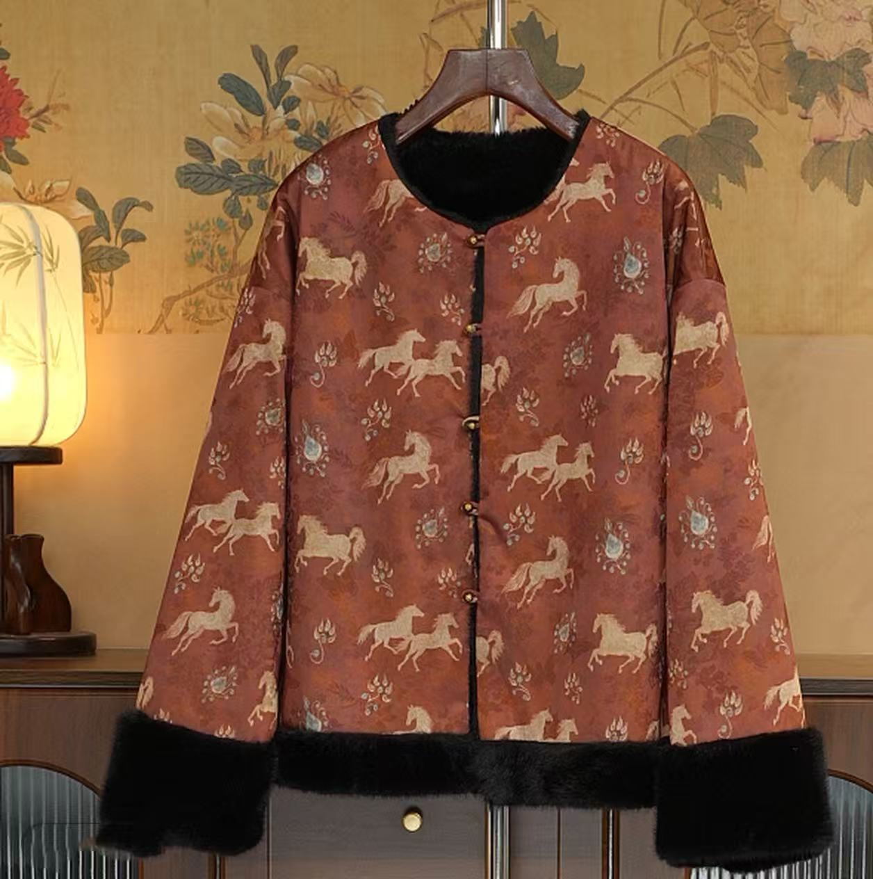 双面双穿女装轻奢冬季上衣新中式国风香云纱提花拼接毛毛复古外套