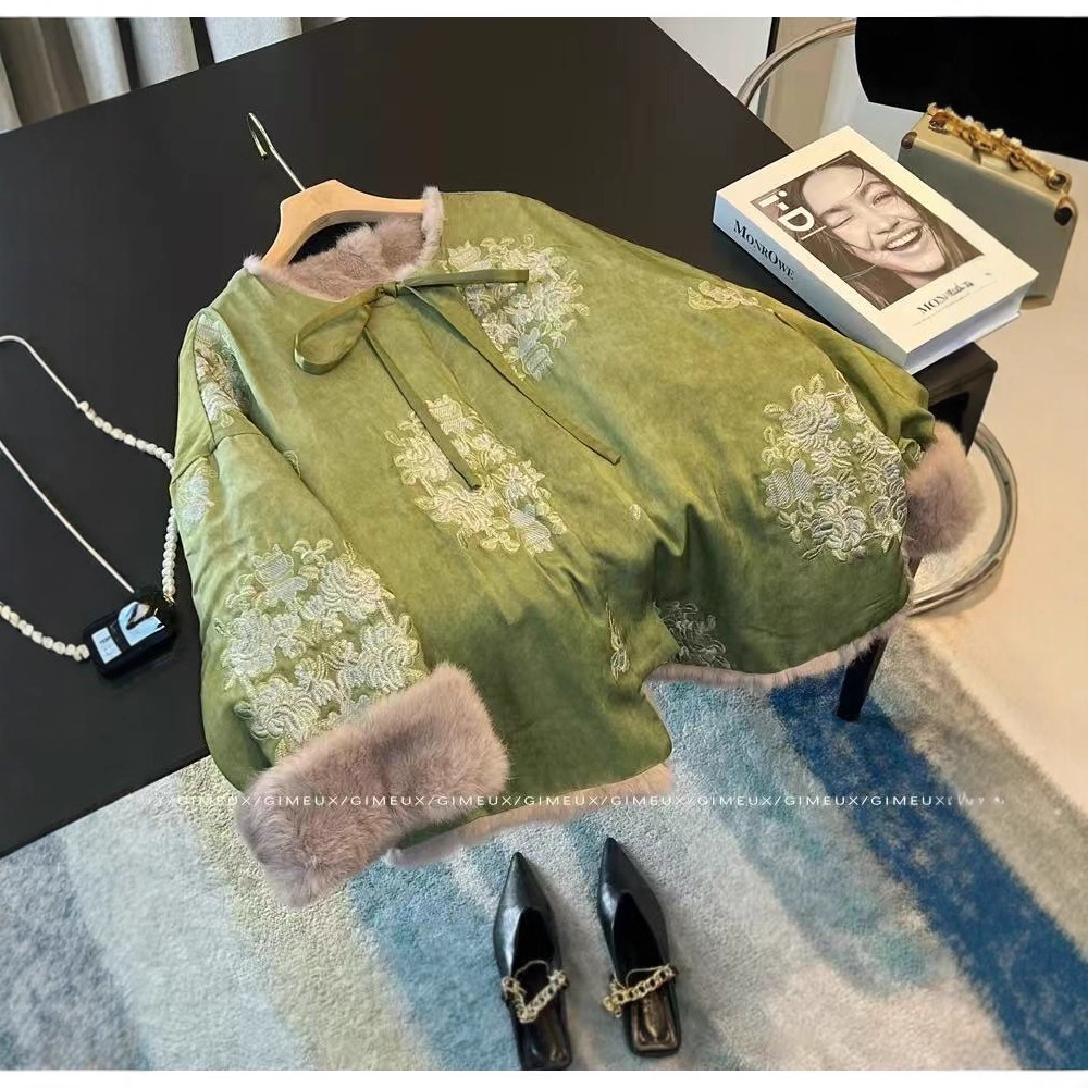 新中式国风重工刺绣人丝提花拼接兔毛外套双面双穿皮草大衣