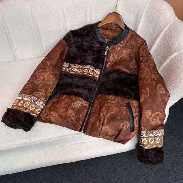 2025冬季新款新中式国风复古羊羔毛拼接香云纱提花夹克棉衣外套