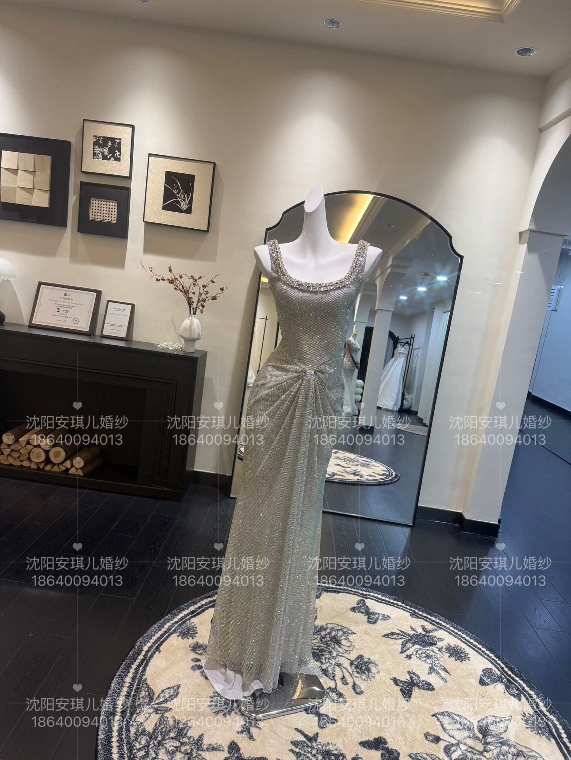 Melusina 正品新娘双肩奢华水钻银色水晶敬酒服礼服出租