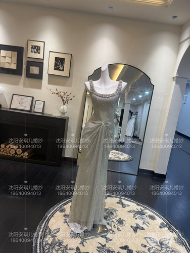 Melusina 正品新娘双肩奢华水钻银色水晶敬酒服礼服出租
