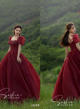 新娘红色泡泡袖显瘦重工婚礼敬酒迎宾户外出门晚宴礼服出租