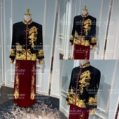 中式 黑色马褂新郎装 婚礼秀禾 倒叙高定手绣手工盘金绣男款 出租正版