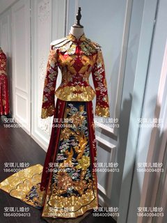 新娘绣旗袍XT18真丝手绣手工龙凤褂秀禾服拖尾秀禾服拖尾龙凤褂