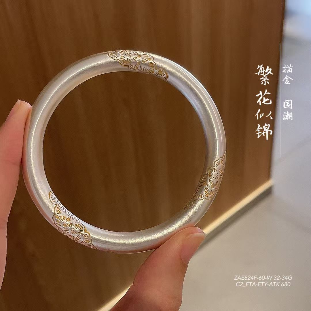描金繁华手环古法描金花叶圆棍空心手镯适合送礼素圈传承包邮