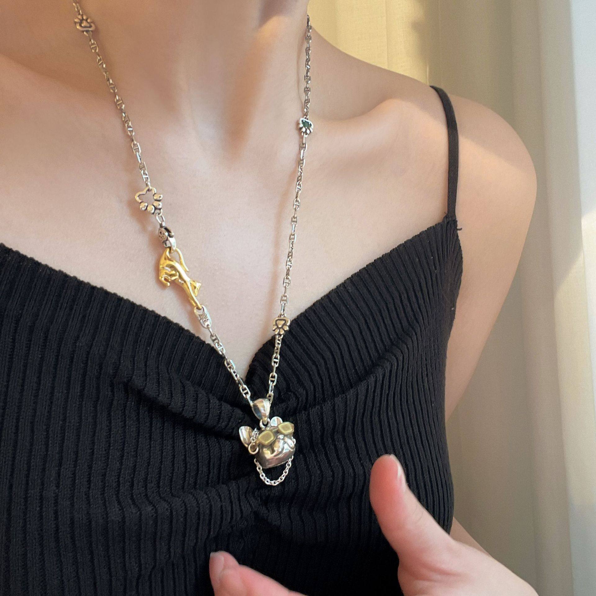 撞色链条墨镜狗爷吊坠项链女小众复古时尚朋克个性情侣设计包邮