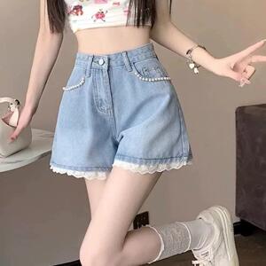 甜辣chic牛仔短裤女夏季高腰显瘦阔腿A字大码百搭小个子钉珠花边