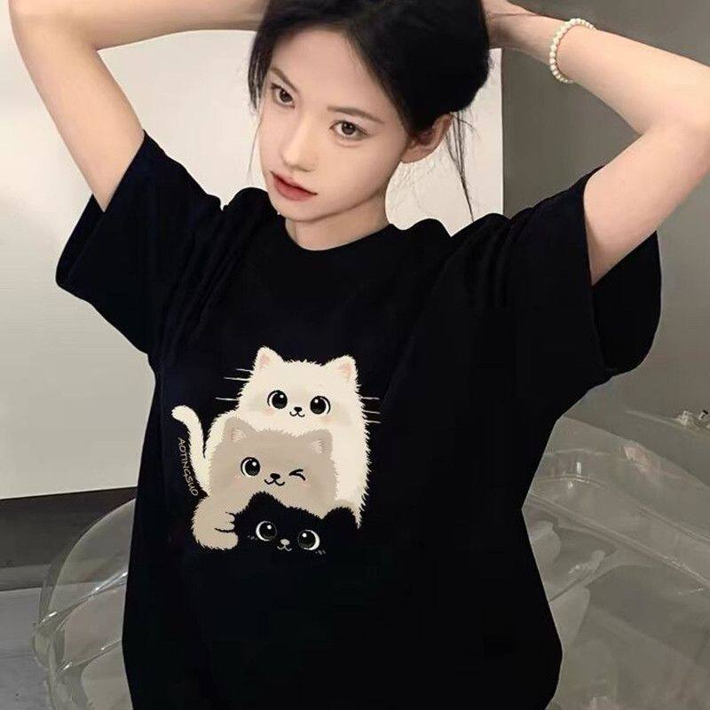 小猫黑色纯棉短袖t恤女2026新款爆款夏季高端欧货大版上衣体恤潮