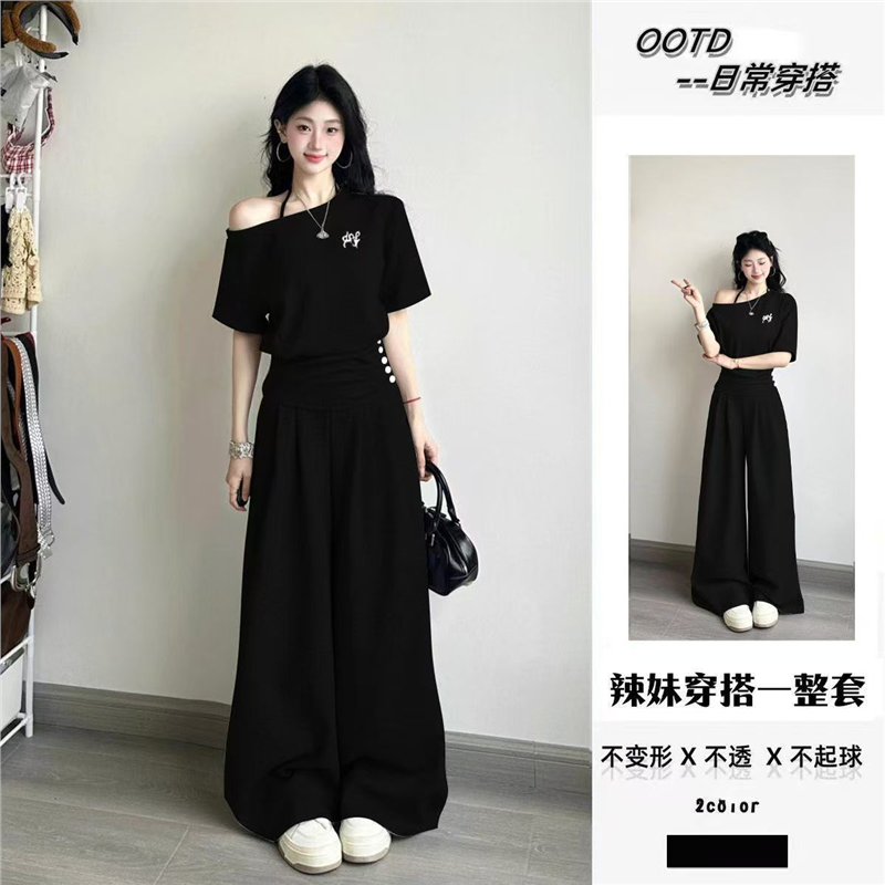 阔腿裤休闲运动套装女夏季学生宽松显瘦韩版时尚短袖两件套设计感