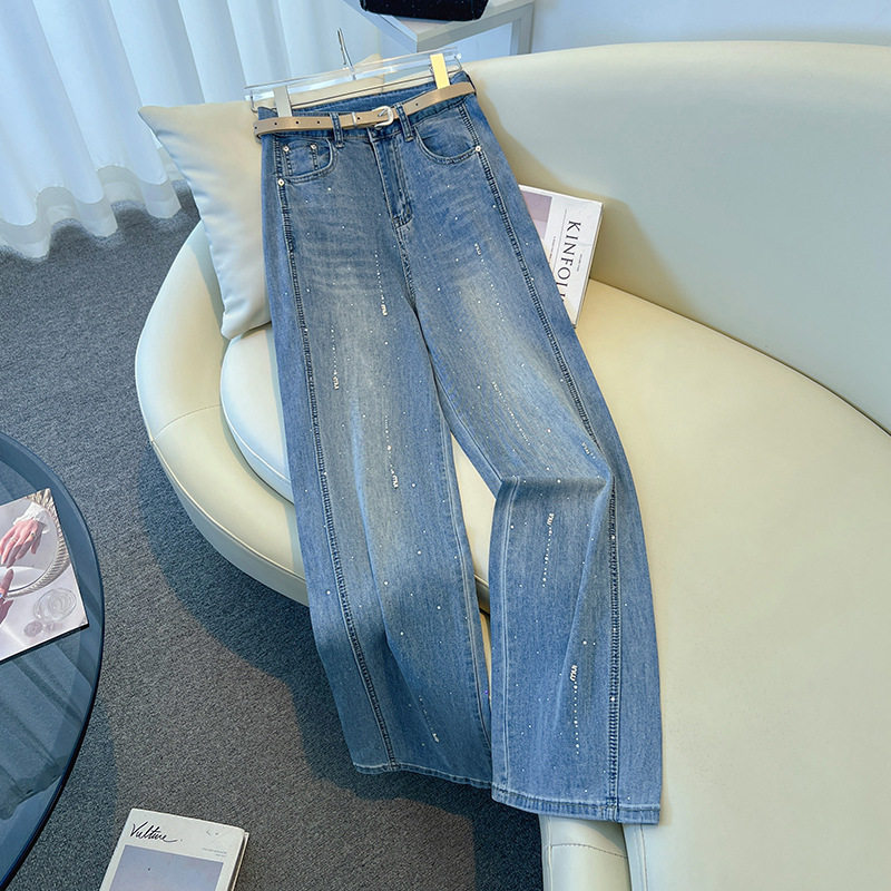 烫钻阔腿牛仔裤女高腰宽松显瘦直筒裤蓝色垂感裤子,女装/女士精品,大码裤装,淘宝优惠券,粉丝福利购,淘宝优惠卷